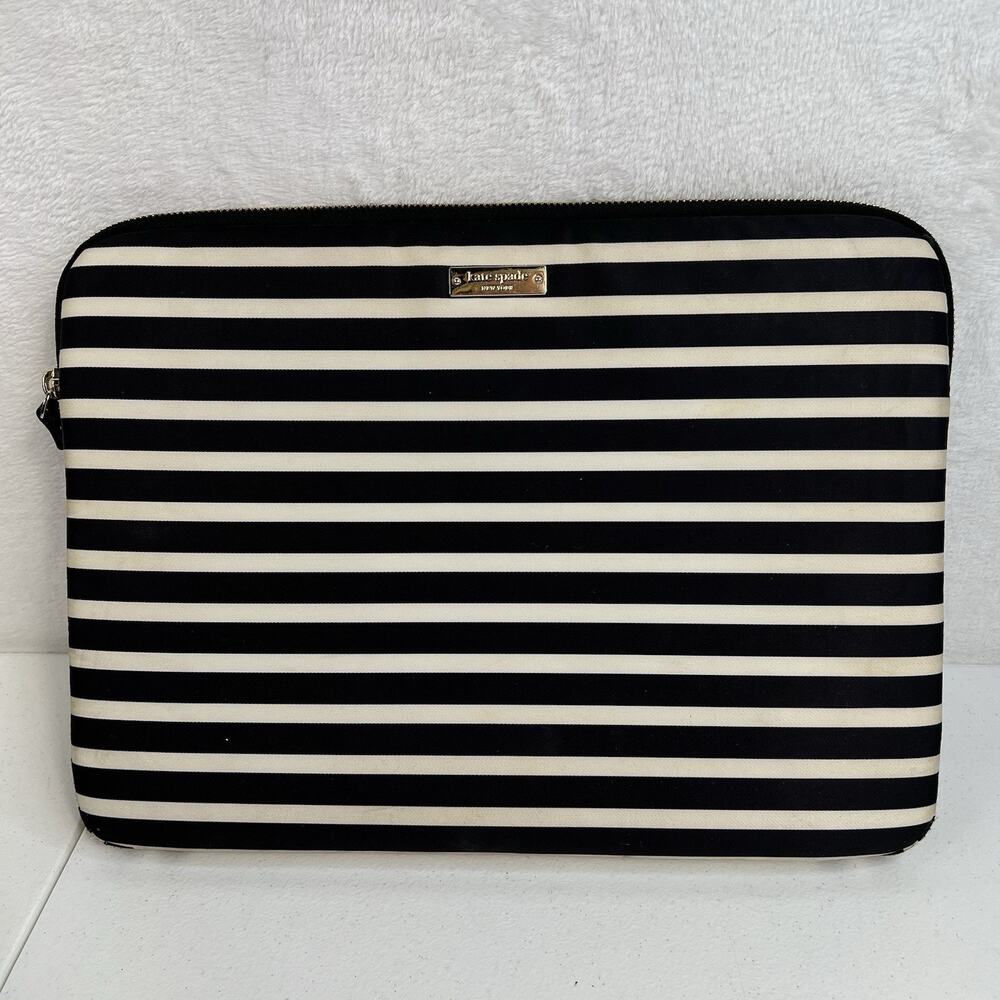 KATE SPADE New York Black & White Stripe Padded iPad MacBook Tablet Zip Case - Picture 3 of 11